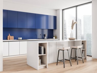 Parlak mutfak odasının iç tarafında panoramik pencere, bar tabureleri, kitaplar, beyaz duvar, meşe ağacı ahşap zemin, lavabo, gaz ocağı, çanak çömleği olan bir ada. Minimalist tasarım kavramı. 3d oluşturma