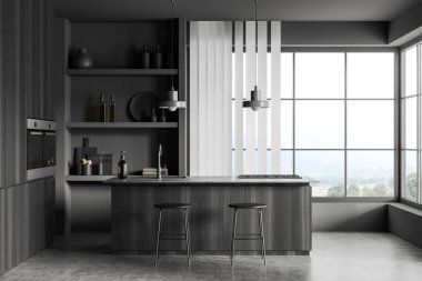 Karanlık mutfak odasının önü panoramik pencere, ada, dolap, gri duvar, beton zemin, lavabo, gaz ocağı, fırın, havlu, yağ, çanak çömlek. Minimalist tasarım kavramı. 3d oluşturma