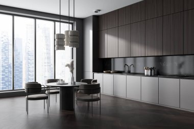 Karanlık mutfak, sandalyeler ve ahşap zemin üzerinde yemek masası, yan görüş. Mutfak gereçleri ve gökdelenlerin panoramik pencereli minimalist yemek köşesi. 3B görüntüleme