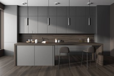 Barda sandalye ve ahşap zeminde ada olan karanlık bir mutfak. Güvertede dekorasyonlu mutfak eşyaları, raflı yemek pişirme alanı. 3B görüntüleme