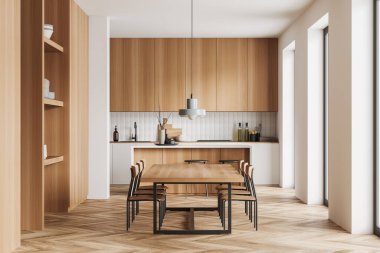 Parlak mutfak ve yemek odasının önü beyaz duvarlı, sandalyeli masa, meşe ağacı parke zemin, lavabo, gaz ocağı, yağ, çanak çömlek, pencereler. Minimalist tasarım kavramı. 3d oluşturma