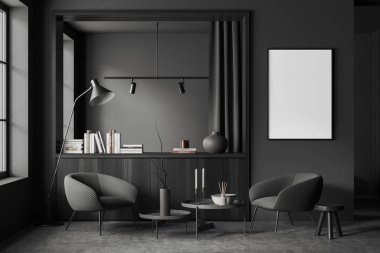 Karanlık dinlenme odasının içi iki koltuk ve kitaplı bir şifonyer, sanat dekorasyonlu bir sehpa, gri beton zemin. Panoramik pencere ve tuval posteri. 3B görüntüleme