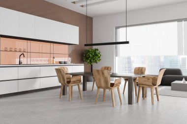 Parlak mutfak odasının iç tarafı panoramik pencere, yemek masası, koltuklar, dolap, beyaz, kahverengi duvar, beton zemin, kanepe, saksı. Minimalist tasarım kavramı. 3d oluşturma