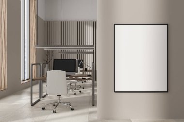 Masası ve bilgisayarları olan bej renkli bir iş yeri. Hafif kiremit beton zeminde koltuklar. Şehir manzarasında panoramik pencere. Tuvalin posterini hazırla. 3B görüntüleme