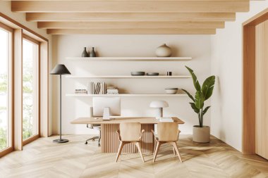 İçi bilgisayar ve ahşap döşeme koltukları olan bej rengi bir yönetici. Sanat dekorasyonlu minimalist raf ve tropiklerde panoramik pencere. 3B görüntüleme
