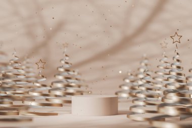 Soyut kurdele noel ağaçları ve düşen konfetiyle boş podyum. Tatil ve hediye kavramı. Model ürün görüntüsü. 3B görüntüleme