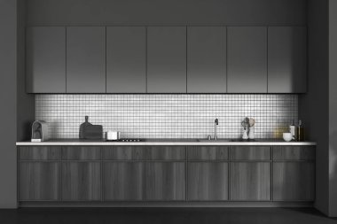 Koyu renk mutfak odasının önü gri fayans duvarlı, beton zemin, lavabo, gaz ocağı, yağ, kaşık, demlik, kahve makinesi. Minimalist tasarım kavramı. 3d oluşturma