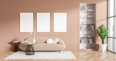 Kanepe, raf ve süslemeli kahve masası olan bej bir oturma odası, ahşap döşemeli halı. Şehir manzarasında panoramik pencere. Üç tane sahte poster. 3B görüntüleme