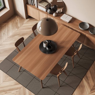 Masa ve sandalyelerle bej toplantı odasının en üst görüntüsü, ahşap zeminde halı. İçinde kitaplar, dekorasyon ve pencere olan çekmece. 3B görüntüleme