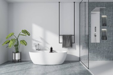 Parlak banyo manzarası küvet, duş, cam bölme, ev bitkisi, beyaz duvarlar, beton zemin, şampuan. Su arıtma kavramı. Modern tasarım. 3d oluşturma