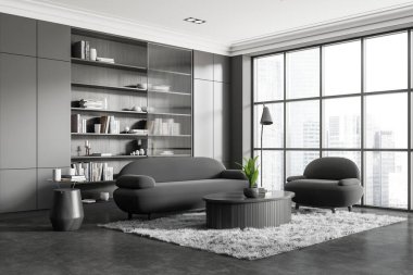 Koyu renk oturma odasının içi kanepe, koltuk, kahve sehpası, gri duvar, panoramik pencere, beton zemin, kitap rafları, halı. Minimalist tasarım kavramı. 3d oluşturma