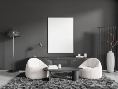Karanlık oturma odasının içini boş beyaz poster, koltuklar, çanak çömlek ve kitaplı kahve masası, gri duvar, halı, lamba, bölme, beton zemin, dolap. Model yap. 3d oluşturma