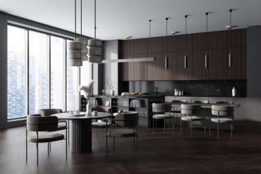 Karanlık mutfak, bar adası ve ahşap zemin üzerinde yemek masası, yan manzara. Mutfak eşyaları, minimalist dekorasyon, yemek pişirme alanı ve gökdelenlerin panoramik penceresi. 3B görüntüleme