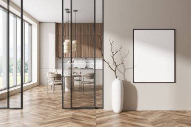 Parlak mutfak odasının önü boş beyaz poster, panoramik pencere, yemek masası, koltuk, beyaz duvar, ahşap zemin, cam kapı. Minimalist tasarım kavramı. Model yap. 3d oluşturma
