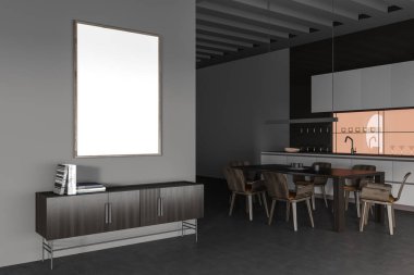 Büfe ve dekorasyonlu karanlık mutfak, gri beton zeminde yan manzara yemek masası. Bar adası ve mutfak malzemeleriyle yemek pişirme yeri. Tuvalin maketi posteri. 3B görüntüleme