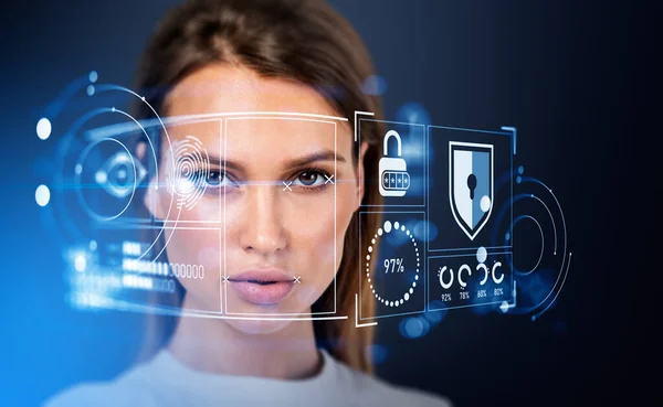 Beautiful businesswoman and biometric verification with facial recognition, digital hologram hud with fingerprint and padlock with password. Concept of face id