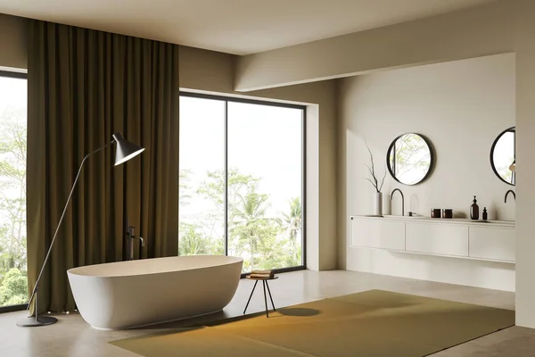 米色浴室内部与双水池和浴缸 侧视图 酒店浴池角落 靠近全景窗户 有抽屉和配件 3D渲染 — 图库照片