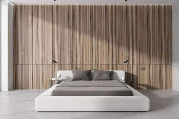 Stylish Wooden Bedroom Interior Bed Nightstand Books Grey Concrete Floor — Stock Photo, Image