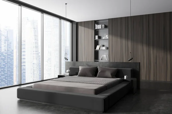 Moderne Slaapkamer Interieur Met Bed Plank Met Boeken Decor Zijaanzicht — Stockfoto