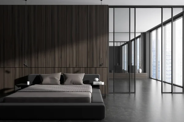 Braune Schlafzimmereinrichtung Mit Bett Und Dekor Glastüren Ins Badezimmer Mit — Stockfoto