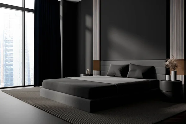 Dormitorio Negro Cama Interior Mesita Noche Con Decoración Vista Lateral — Foto de Stock