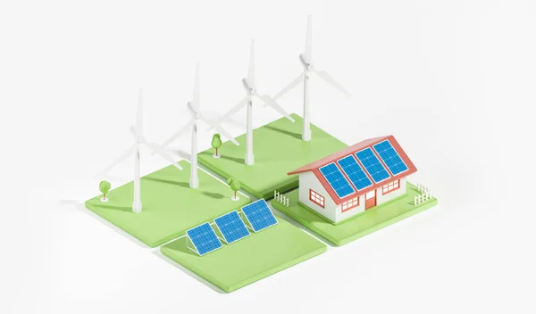 Isometrische Woning Met Zonnepanelen Het Dak Windenergie Groen Gazon Concept — Stockfoto