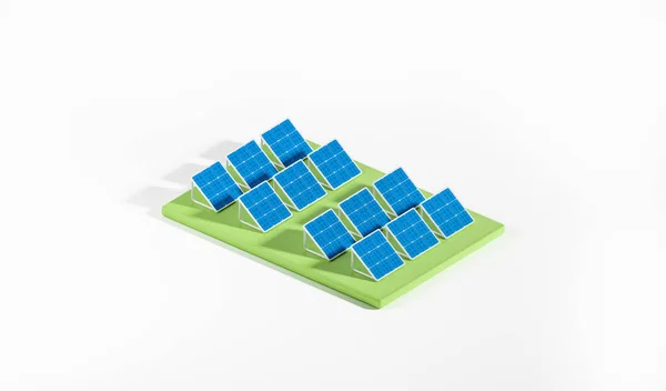 等距太阳能电池板排成一排 能源站在白色背景上 备选来源的概念 3D渲染 — 图库照片