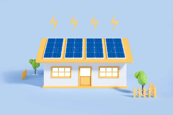 Slim Huis Met Zonnepanelen Met Bliksem Lichtblauwe Achtergrond Begrip Groene — Stockfoto