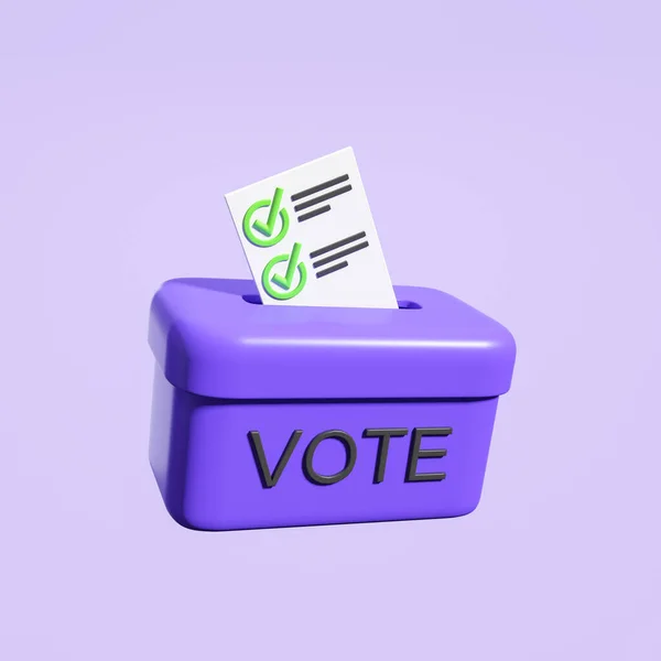 Ballot list with green ticks falling into a box on purple background. Concept of vote and election. 3D rendering