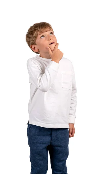 Мальчик Задумчивым Портретом Смотрит Вверх Изолированный Белом Фоне Понятие Мысли — стоковое фото