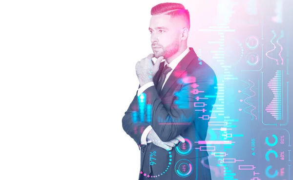 Portret Biznesmena Ręka Rękę Świecący Kolorowy Hologram Forex Analizą Danych — Zdjęcie stockowe