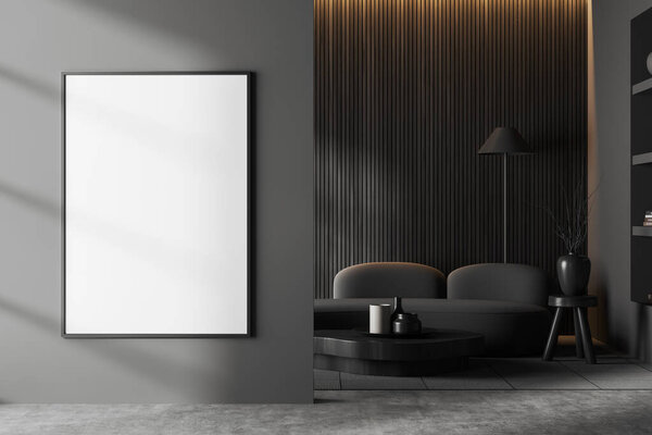 Front view on dark living room interior with empty white poster, sofa, coffee table with crockery, grey wall, concrete floor, bookshelves, carpet. Concept of minimalist design. Mock up. 3d rendering