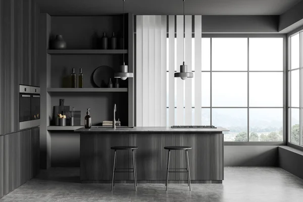 在黑暗的厨房室内 有全景窗 灰色墙壁 混凝土地面 煤气炉 简约设计的概念 3D渲染 — 图库照片