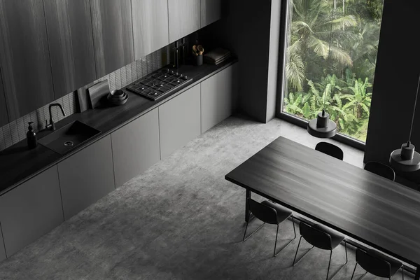 Draufsicht Auf Die Dunkle Kücheneinrichtung Mit Schwarzem Holz Esstisch Und — Stockfoto