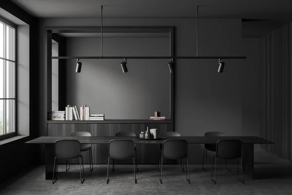 콘크리트 바닥에 식탁과 의자와 어두운 인테리어 드레서 장식과 파노라마 렌더링 — 스톡 사진