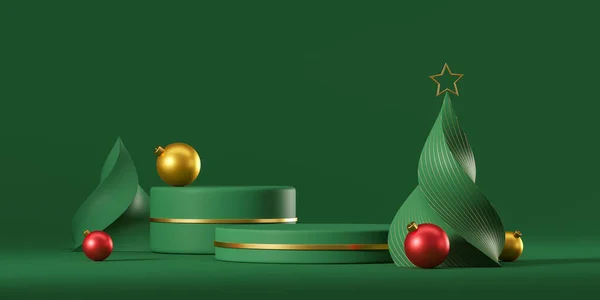 抽象的なクリスマスツリーとクリスマスボールで空の緑の表彰台 休日とプレゼントのコンセプト モックアップ製品プレゼンテーション 3Dレンダリング — ストック写真