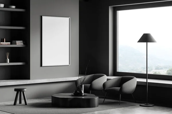 Rohový Pohled Interiér Tmavého Obývacího Pokoje Prázdným Bílým Plakátem Panoramatickým — Stock fotografie