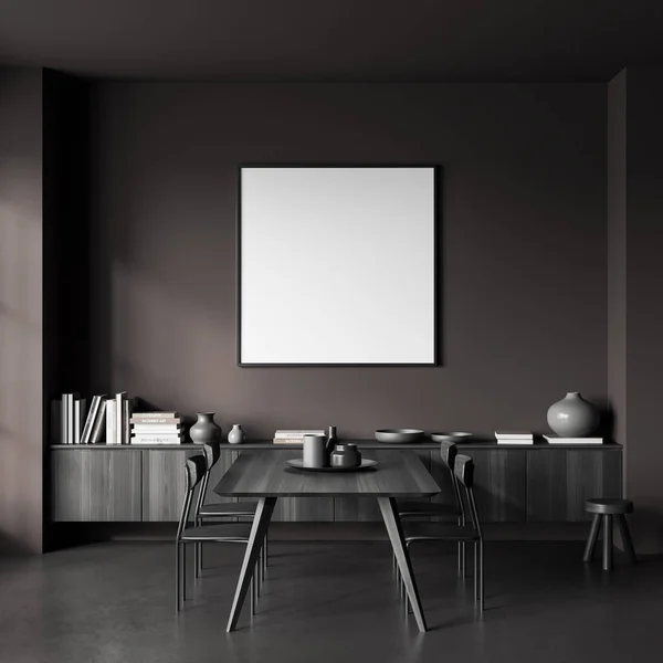 Dark Living Room Interior Black Wooden Table Chairs Grey Concrete — Stock Photo, Image
