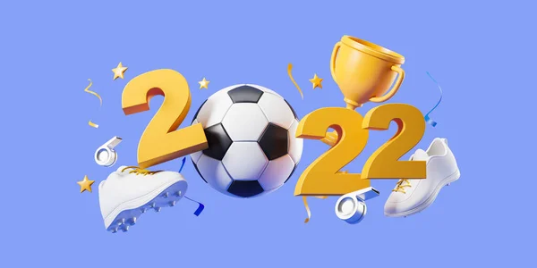 2022 Futball Világkupa Lebegő Labdarúgó Tartozékok Alá Konfetti Kék Háttér — Stock Fotó