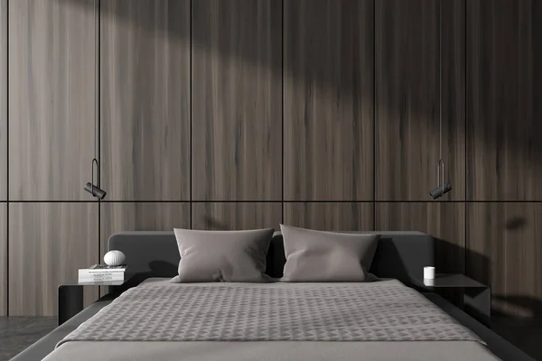 Schlafzimmerausstattung Aus Holz Bett Und Nachttisch Mit Dekor Grauer Betonboden — Stockfoto