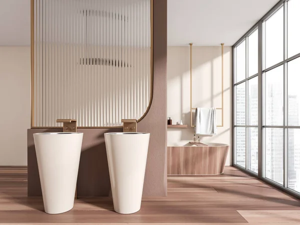 豪华的浴室内部有双层水池和浴缸在硬木地板上 带毛巾栏杆和摩天大楼全景窗的浴池角落 3D渲染 — 图库照片