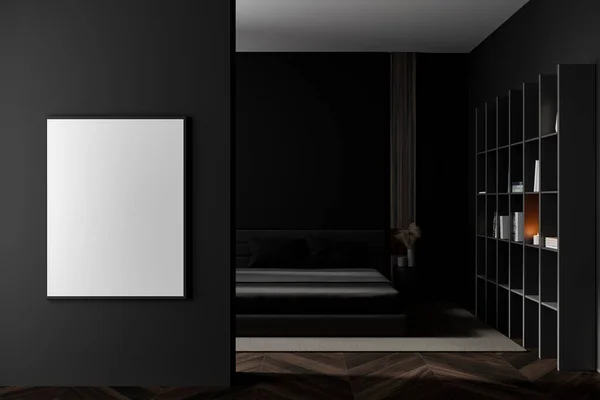 前看黑暗的卧室内部与床 空的白色海报 橡木硬木地板 简约设计的概念 放松和放松的空间 把它弄坏了3D渲染 — 图库照片
