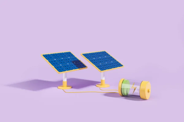 Dois Painéis Solares Com Fios Bateria Sobre Fundo Roxo Conceito — Fotografia de Stock
