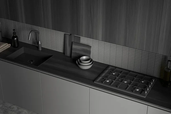 Vista Superior Interior Cozinha Escura Com Pia Fogão Eletrodomésticos Utensílios — Fotografia de Stock