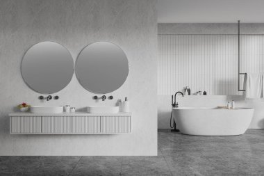 Beyaz otel banyosu, çift lavabo, bölme ve aksesuarlı küvet. Yüzen kibir, havlu askısı ve mikser gri beton zemine monte edilmiş. 3B görüntüleme