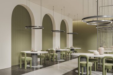 Beyaz ve yeşil kemerli duvarları, taş zemini, yuvarlak ve oval sandalyeli masaları olan modern restoranın içi. 3d oluşturma