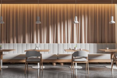 Bej perdeleri, taş zemini ve beyaz sandalyeli kare masaların yanında duran rahat beyaz koltukları olan modern bir kafe. 3d oluşturma