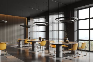 Sarı plastik sandalyeleri ve taş masası olan, yan manzaralı beton zemini olan karanlık bir restoran. Bölümü ve panoramik penceresi olan şık bir kafe yemek alanı. 3B görüntüleme