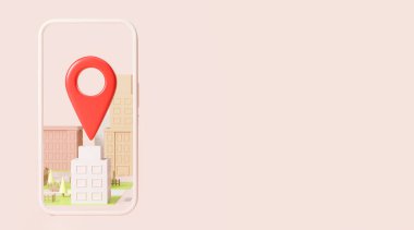 Pembe fotokopi alanı üzerinde GPS ve kırmızı jeotag pin sembollü bina ve şehir navigasyon uygulaması ile akıllı telefon görüntüsü görüntüsü. Navigasyon ve konum belirleme kavramı. 3d oluşturma