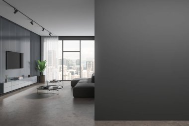 Karanlık ev oturma odasının içi kanepe ve büfeli TV ekranı dekoratif kahve masası. Kuala Lumpur gökdelenlerinin panoramik penceresi. Boş duvar bölmesini düzenle. 3B görüntüleme